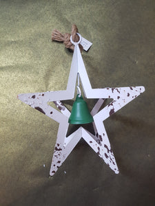 Aged Metal Star with Bell - White