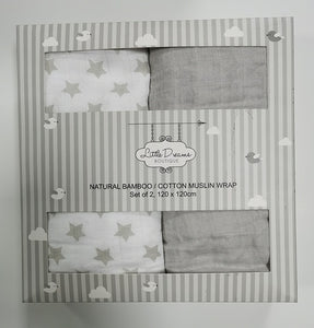 BAMBOO/COTTON 2 PACK MUSLIN WRAP BOXED – SILVER STAR